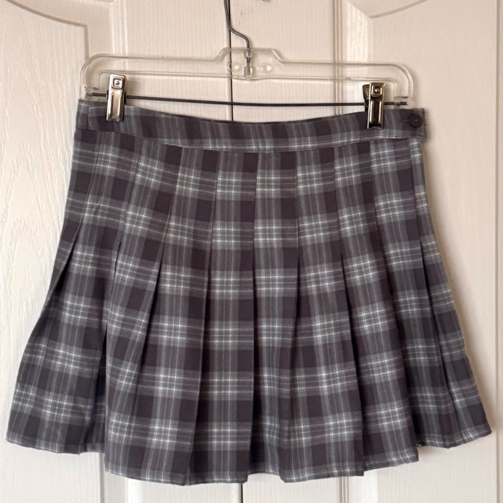 AEROPOSTALE High Waisted Pleated Tartan Plaid Schoolgirl Mini Skirt Grey Blue M